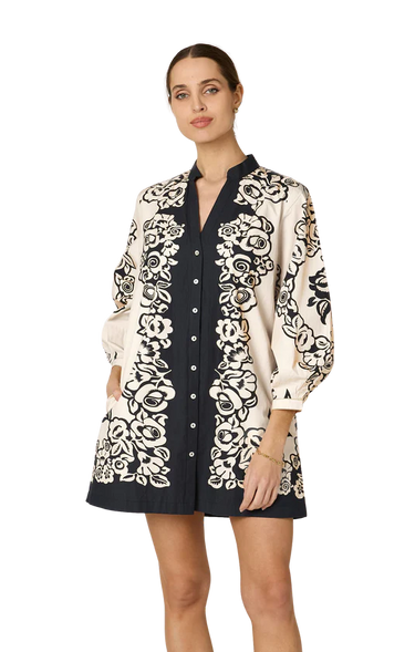Lilian Mini Dress by Cleobella at 6Whiskey, six whisky, long sleeve, puff sleeve, button front, v-neck, split front, button closure, tie waist, side pockets, floral design, classy, elevated, versatile, botanical. Front view