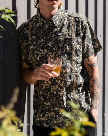 Field Camo Libre Shirt by Texas Standard at 6Whiskey, six whisky, gold embroidery texas flag inspired, camo print, front pockets, moisture wicking, wrinkle proof, breathable, lightweight, functional, rugged, country, western, casual, everyday, perfect men's gift, for him, fishing, hunting, field work, lake, collared, UF proof, mesh lined, front view.