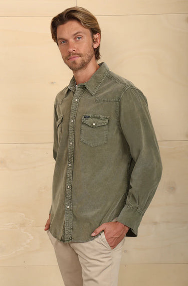 Frontier Cord in Plantoon Green by True Grit at 6Whiskey, six whisky, Jackson cord western shirt,  button down, button up, collared, vintage western, casual western, pearl snap closure, front pockets, snowcap garment dye and wash. Side view. 