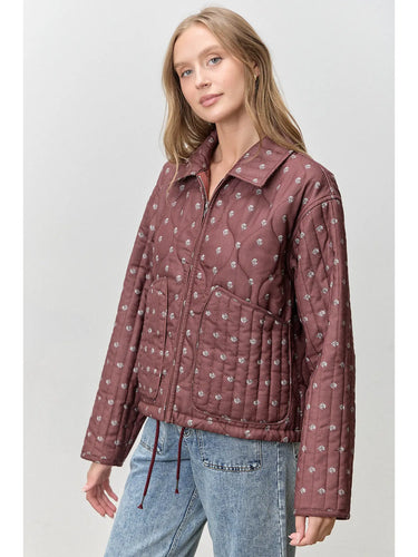 Rose Ranch Quilted Jacket at Whiskey, six whisky, mix match quilt, long sleeve, warm, lightweight, collar, zipper front, floral, espresso brown, muter brown, dark brown, layer, fall, winter, layering piece, western, casual, front view