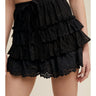 Black Lace Tiered Shorts at 6Whiskey, six whisky, bow detail, high waisted, scallop trim, lace, floral, vintage, edgy western, western, timeless, stylish, feminine, flirty, romantic, effortless, chic, layer, front view.