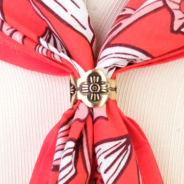 Clover Brass Bandana Slide at 6Whiskey, six whisky, gladys, floral, flower, four leaf clover, engraved, rustic, rugged, refined, timeless, classic, western, vintage western, vintage-inspired, accessory, everyday, must-have, rodeo, round top, texas, detail view