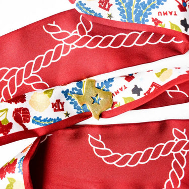 Texas Scarf Slide at 6Whiskey, six whisky, shape of texas, star cutout in the middle, lone star spirit, texas pride, rodeo, country concert, western charm, southern, bandana slide, scarf accessory, shiny, fun accessory, front view. 