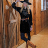 Onyx Velvet Tunic by Tasha Polish at 6Whiskey, six whisky, liza tunic, black velvet, long sleeve, dress, concho button, tortoise button, holiday dress, girls night out, dinner out, country concert, rodeo, elevated western, elegant, sleek, western inspired, chic, adjustable front tie, bow detail. Front view.