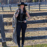 Shadow Vest by Tasha Polizzi at 6Whiskey, six whisky, della vest, sleeveless, concho buttons, turquoise, animal print, leopard print, fun, chic, unique, western, elegant, chic, layer piece, fall, winter, holiday, country concert, western event. Front view.