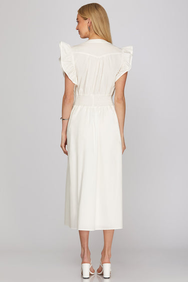 Homefield white dress at 6Whiskey, six whisky, midi dress, zip closure front, v-neck, sleeveless dress, ruffle sleeves, casual dress, cinched waist, game day, tailgating, texas a&m, SEC, back view, full view, midi length, white dress, casual chic dress, gameday outfit, aggie dress, aggies, a&m outfit, gameday attire, aggie style, Ivory ruffle detail, ideal for fall game day or tailgate looks outfit inspo. pockets.