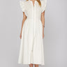Homefield white dress at 6Whiskey, six whisky, midi dress, zip closure front, v-neck, sleeveless dress, ruffle sleeves, casual dress, cinched waist, game day, tailgating, texas a&m, SEC, front view, full view, midi length, white dress, casual chic dress, gameday outfit, aggie dress, aggies, a&m outfit, gameday attire, aggie style, Ivory ruffle detail, ideal for fall game day or tailgate looks outfit inspo. pockets.