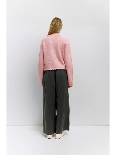 Sweet Pea Cardigan at 6Whiskey, six whisky, Tiffany cardigan, long sleeve, scale edge, full button up, crewneck, cozy, soft, light pink, SEC, sorority girl, work to weekend, church outfit, spring and winter layer, basic, must have, women's wardrobe, back view