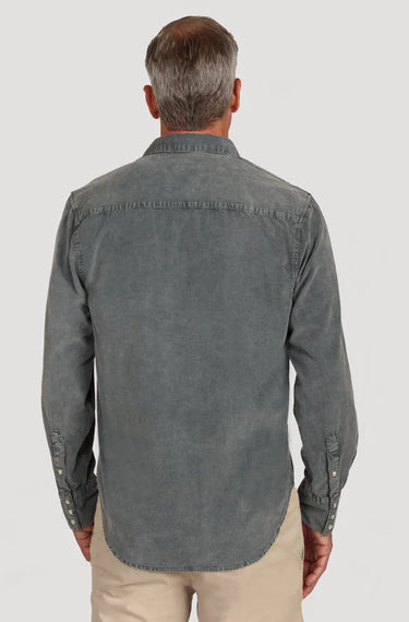 Frontier Cord in Charcoal by True Grit at 6Whisky, six whisky, Jackson cord western shirt, pearl snap closure, button-down, button-up, long sleeve, distressed wash, vintage, elevated western, rodeo, date night, western yoke stitching, collared. Back view.