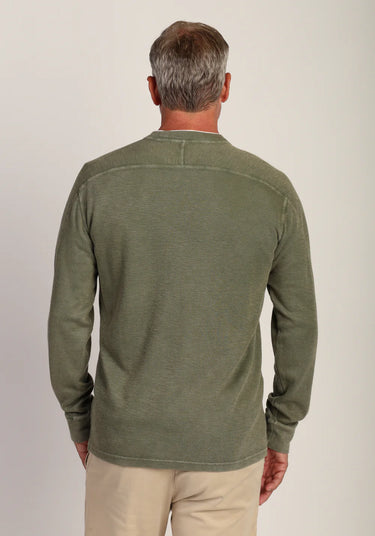 Heritage Crew in Agave Green by True Grit at 6Whiskey, six whisky, crewneck, long sleeve, stitch detail, comfortable, versatile, casual western, durable, stretchable, soft, jackson ultra soft ribbed knit, fall essential, layer piece, Back view. 