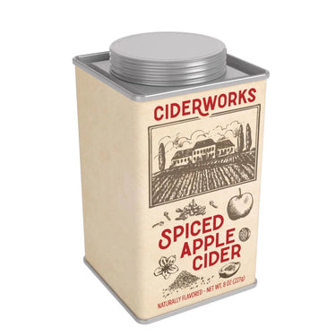 Spiced Apple Cider at 6Whiskey, six whisky, tin, nostalgic, cozy, warm, drink mix, yummy, stocking stuffer, gift under $20, Christmas gift, holiday gift, must have, holiday season. Side view. 