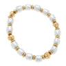 Pearl & Gold Stretch Bracelet at 6Whiskey six whisky. Stretch bracelet featuring alternating white baroque-style pearls and matte gold-tone beads, displayed in a circular arrangement on a white background.