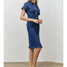 Lone Star Denim Dress at 6Whiskey, six whisky, flattering, midi length, color, front button closure, short sleeves, slim silhouette, feminine, casual, western, SEC gameday, aggie gameday, country concert, rodeo, lunch date, front view.