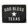 Texas Camp Flag at 6Whiskey, six whisky, black background, white block lettering, god bless texas lettering, star detail, lone star, south, texas pride, home decor, camp, office space, barn, porch, gift for him, wall decor, room decor, front view