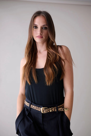 Leopard Haircalf Belt at 6Whiskey, six whisky, animal print, black, brown, gold hardware, 3 piece belt buckle, genuine leather, sassy, bold, edgy western, western inspired, accessory, fun, must have, fall, winter, night out, date night, front view.