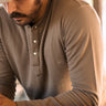 Pecan Henley by Texas Standard at 6Whiskey, six whisky, long sleeve, waffle knit, light brown, pearl snap, layer, fall, winter, standalone, layer piece, elevated basic, casual western, comfortable, lightweight, breathable, rodeo, lunch outfit, gift idea for men, front view. 