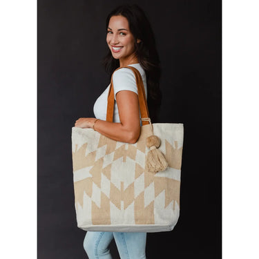 Sandstone Tote at 6Whiskey, six whisky, cotton, suede, burnt orange, brown, cream, white, aztec, tassel, casual, large bag, accessory, fashion, casual, timeless, heritage, rugged and refined, western inspired, southwest, texas, front view.