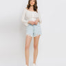 Saltwater Super High Rise Mom Shorts in light wash with distressed detailing, styled for summer outfits at 6Whiskey six whisky womens denim jean short western