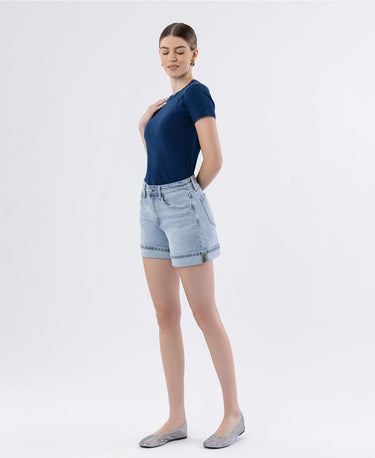 The Bluebonnet High Rise Cuffed Denim Shorts in light wash, styled for summer outfits at 6whiskey six whisky womens 