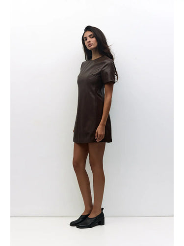 Dark Roast Leather Dress, Rebekeh Dress, mini length, crewneck, short sleeve, high neck, back zipper, winter, edgy western, girls night out, going out dress, concert dress, espresso brown, dark brown, fall, side view