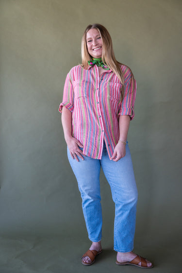 Tasha Polizzi Pink Linen Striped Shirt at 6Whiskey six whisky womens summer button down short sleeve