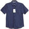 Midnight Short Sleeve at 6Whiskey six whisky. A navy short-sleeve button-down shirt with a subtle white and red micro-dot pattern, displayed on a hanger against a white background.