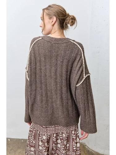 Cottage Stitch Cardigan at 6Whiskey, six whisky, long sleeve, soft, cozy, oversized, western, neutral, western casual, contrast piping on hem and front pockets, large buttons, feminine, rustic, lunch date, errands, back view