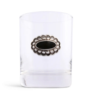 Concho Medallion Double Old Fashioned Glass at 6Whiskey, six whisky, glassware, silver, stainless steel, pewter, timeless, elegant, classic western, country, southern charm, texas, gift idea, unique glassware, juice, alcohol, water, house warming gift, bar cart must-have, home goods, home decor, front view