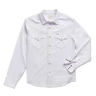 Long Sleeve Performance Pearl Snap in White by Tecovas at 6Whiskey, six whisky, off white pearl snaps, brass rings, stretch, comfortable, breathable, texas weather, SEC, southern charm, western stitching, front pockets, lightweight, men's must have, men's gift idea, rodeo, country concert, date night, work, elevated western, sweat proof, ventilated, collared, front view.