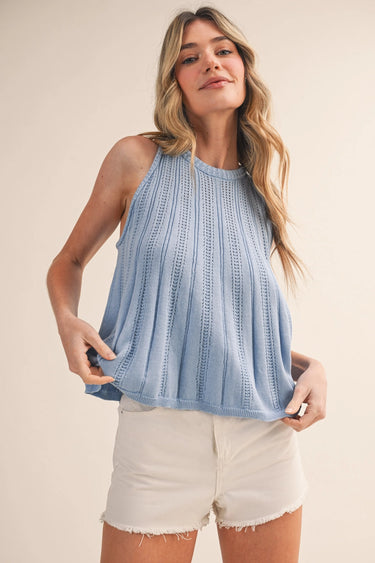 Breeze Knit Tank at 6Whiskey, six whisky, round neck, vertical open cut design, tank top, soft, comfortable, breathable, spring, summer, warm weather, flowy, airy, baby blue, soft blue, neutral, versatile, classy, polished, casual, western-inspired, rodeo, luch, beach, errands, everyday, versatile, front view