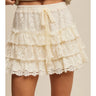 Cream Lace Tiered Shorts at 6Whiskey, six whisky, trendy, pinterest board, trendy, fall shorts, layer piece, western, vintage, romantic, country concert, rodeo, lunch date, market outfit, tie detail, bow, high waisted, short, modest length, lined, comfortable, flowy, flattering, front view.