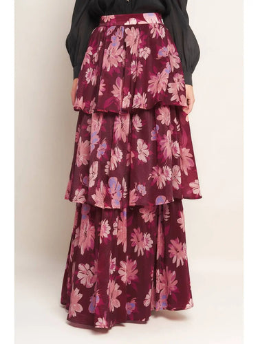 Blossom & Bordeaux Tiered Skirt at 6Whiskey, six whisky, painted flowers, magenta, wine-red, dark pink, light pink, lavender, light purple, ruffle skirt, layered skirt, zipper, feminine, women's fashion, casual western, day to night, spring summer maxi skirt, long skirt, church skirt, easter Sunday outfit, back view. 