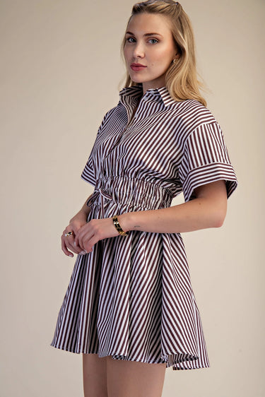 Easy Ride Stripe Dress at 6Whiskey, six whisky, short sleeve, vertical stripe, horizontal stripe sleeve, v-neck, short, flattering, feminine, chic, classy, lunch date, errands, casual outing, cinched waist, adjustable bow detail, button detail, southern charm, side view