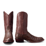 Dillion in Oak Caimen by Tecovas at 6Whiskey, six whiskey, dark brown and light brown, alligator belly vamp, leather shaft with western stitching, leather straps, two-toned, leather heel stacked, leather outsole and insole, comfortable, elegant, elevated, day to night, western, modern, unique, rodeo, country concert, dressy boot, tecovas men's calf boot, front view.