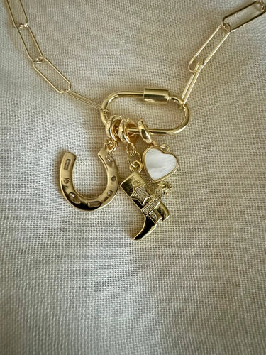 Lucky Gold Charm Necklace at 6Whiskey six whisky gold paperclip chain clasp horseshoe cowboy boot heart charms accessory jewelry touch of western