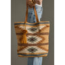 Canyon Stripe Tote at 6Whiskey, six whisky, leather straps, tassel, blue, cream, burnt orange, light brown, beige, black, southwestern, texas, native, western inspired, casual, bag, accessory, large bag, front view