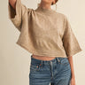 Sutton Sweater Top in Mocha at 6Whiskey, six whisky, cropped, relaxed, oversized, comfortable, soft, cozy, ribbed mock neck, ribbed hem, ribbed sleeves, wide short sleeves, raw hem, casual, chic, elevated, classy, neutral, everyday, versatile, office wear, work top, stretchable, lightweight, fall, spring, summer, front view.