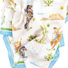 Rodeo Cowboy Scarf by Catherine Cartie at 6Whiskey, six whisky, silk scarf, square scarf, lightweight, artsy, rodeo, bucking cowboy, cactus, desert, grass, blue outline sketch, blue boarder, green boarder, greens, pop of color, unique, vintage, western inspired. Detail view. 