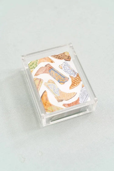 Boot Playing Cards by Catherine Cartie at 6Whiskey, six whisky, game night, boots, horses, ponies, cactus, western prints, unique gift idea, colorful, cardboard, comes with box, front view.