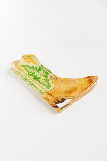 Green Boot Acrylic Block by Catherine Cartie at 6Whiskey, six whisky, light brown leather cowboy boot, light green shaft, olive and light green western stitching, hand painted, playful, pop of color, colorful, fun, modern western, art home decor, detail view
