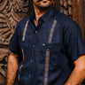 Men's navy linen tejas guayabera shirt by Texas Standard featuring traditional four-pocket design and gold embroidered detailing, available at 6Whiskey six whisky– modern western menswear from Austin, Texas, bryan, texas, lone star lifestyle
