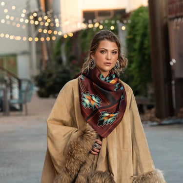 Maroon Aztec Scarf at 6Whiskey, six whisky, square, silk cotton bend, lightweight,  western accessory, pattern, unique boarder, country concert, Houston rodeo, fun statement accessory, classic western, vintage, round top, handbag accessory, blue, red, orange, yellow, black, front view. TAMU gameday accessory, game day, Texas A&M, Aggie style, tailgate style, gameday outfit inspo