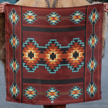Maroon Aztec Scarf at 6Whiskey, six whisky, square, silk cotton bend, lightweight,  western accessory, pattern, unique boarder, country concert, Houston rodeo, fun statement accessory, classic western, vintage, round top, handbag accessory, blue, red, orange, yellow, black, front view