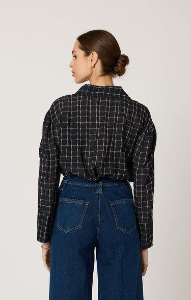 Kiera Blouse by Cleobella at 6Whiskey, six whisky, long sleeve, sheer, brown and white grid pattern, button up, collared, frill detail, elevated, casual western, work wear, office outfit, business casual, business professional, work to weekend. Back view.