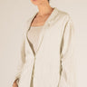 Pinstripe Oversized Blazer by P cill at 6whiskey, six whisky, relaxed fit, oversized, collared, wide sleeve, vertical stripe, stripped, cream, black, elevated, comfortable, chic, classic, game day, gameday, tailgate, football. Front view.