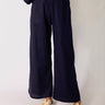 Indigo Market Linen Pant by Pcill at 6Whiskey, six whisky, wide leg, elastic waistband, brunch, country concert, errands, weekend, market, casual, stylish, matching set, coordinated set, navy, blue, pockets. Front view.