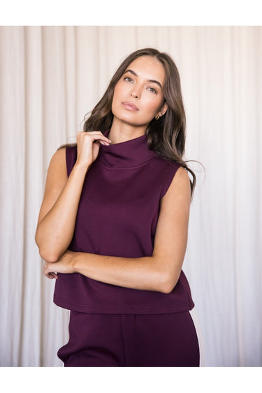 Burgundy Mock Neck Top by P.cil at 6Whiskey, six whisky, sleeveless, cropped, soft, comfy, casual, matching set, gameday, aggie, sec tailgate, loungewear, versatile, transition piece. Front view.