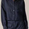 Indigo Linen Top by Pcill at 6Whiskey, six whisky, button down, button up, cuffed long sleeves, front pocket, stylish, casual western, everyday, breathable. Front view.