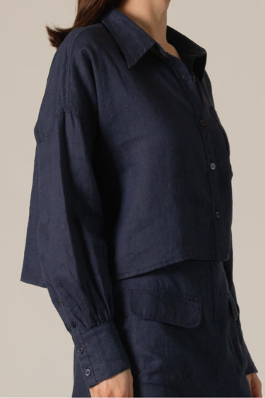Indigo Linen Top by Pcill at 6Whiskey, six whisky, button down, button up, cuffed long sleeves, front pocket, stylish, casual western, everyday, breathable. Side view.