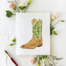 Boot Print by Catherine Cartie at 6Whiskey, six whisky, cowboy book round toe with light green shaft and dark and sage green details, on cardstock materials.